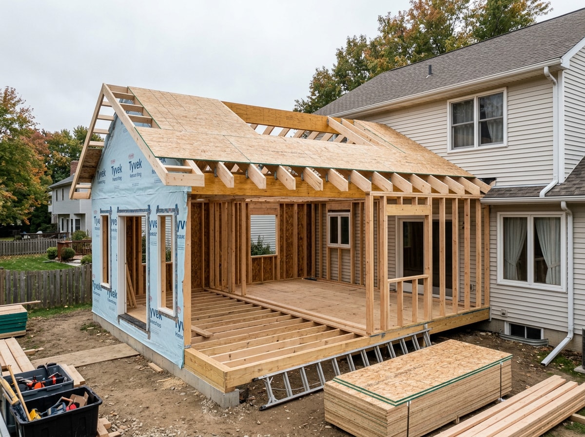 Framed single-story rear home addition tied into an existing roofline, sheathed and ready for siding
