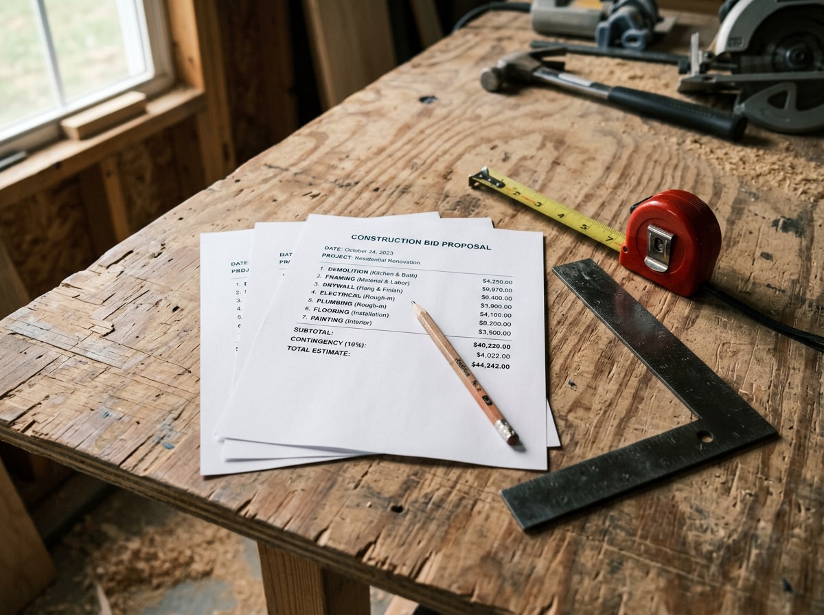 Itemized home addition bid printout on a workbench beside a tape measure and framing square, line items and allowances visible
