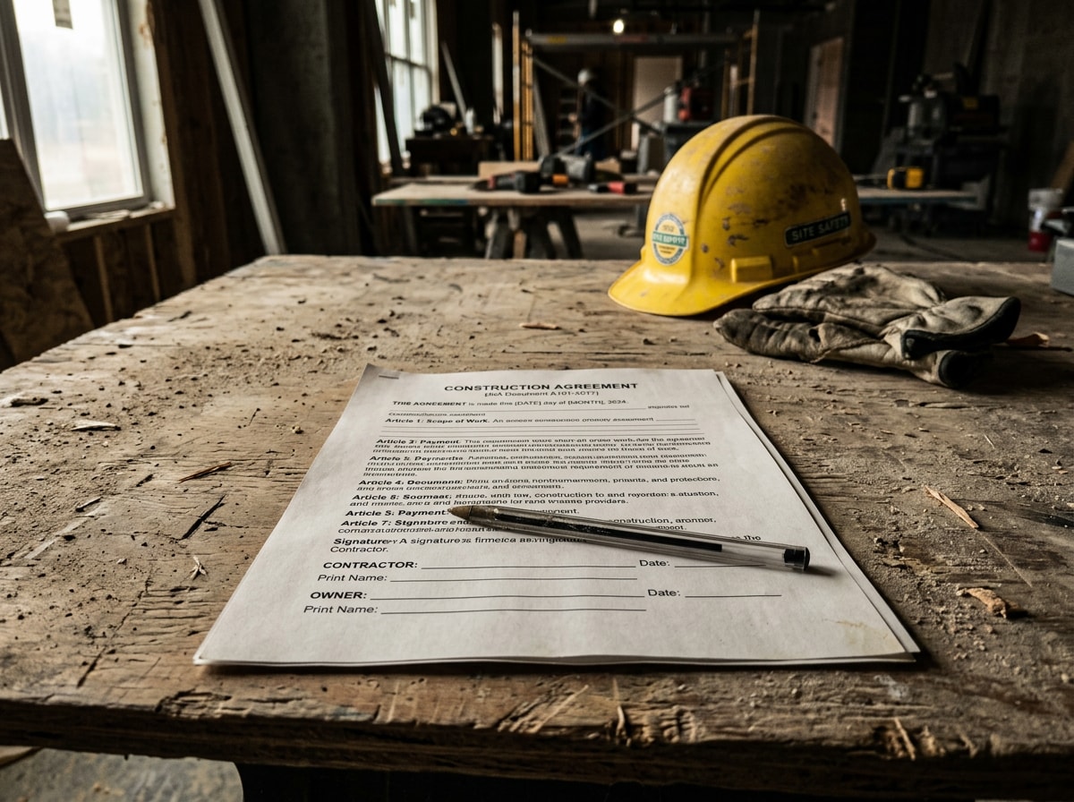 Red flag warning concept photo of an unsigned blank construction contract and pen on a plywood jobsite table