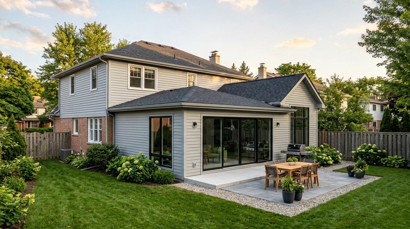 Completed single-story rear home extension with new siding and roof tie-in on a suburban house