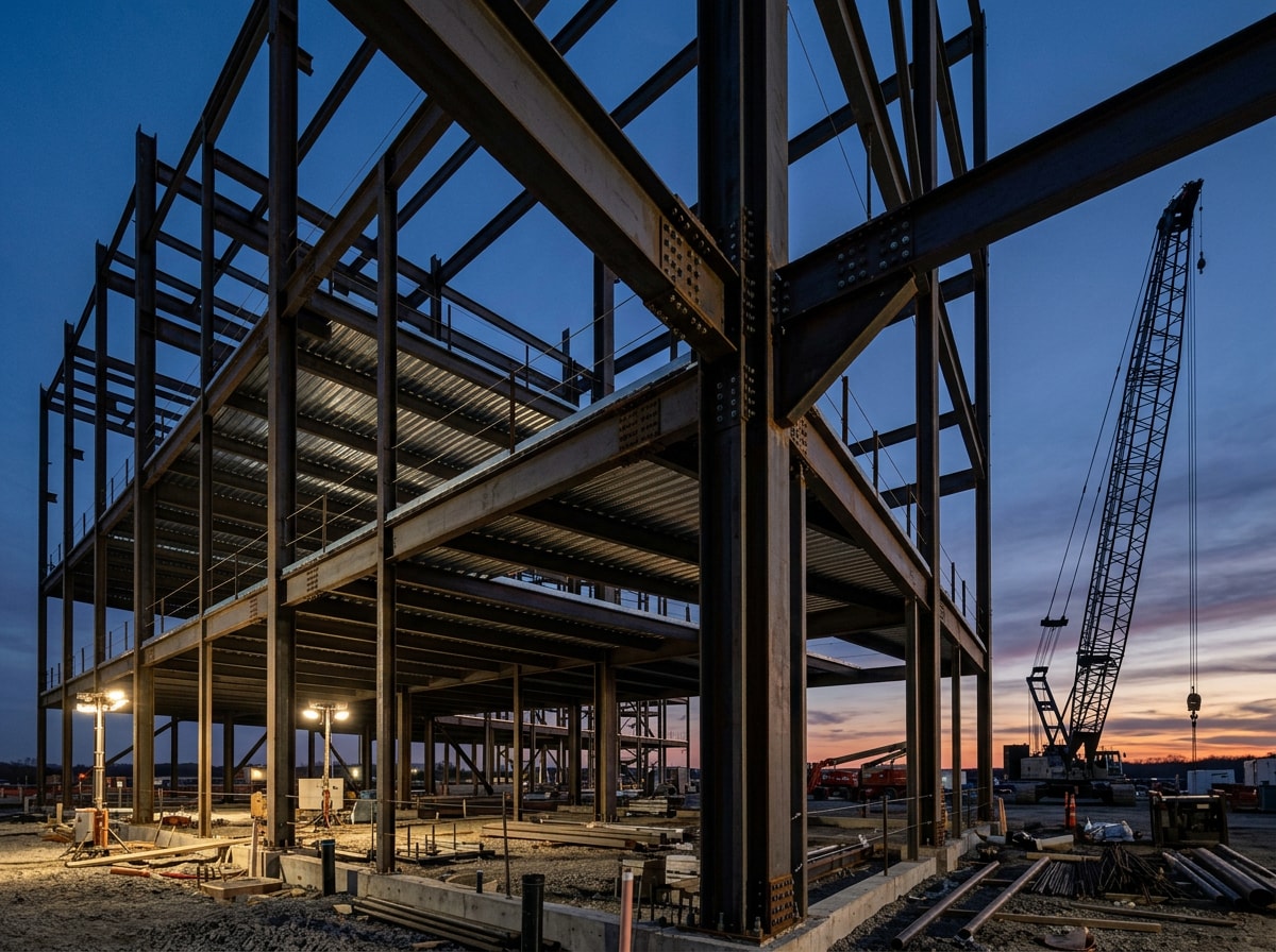 Structural steel frame erected on a commercial jobsite at dusk