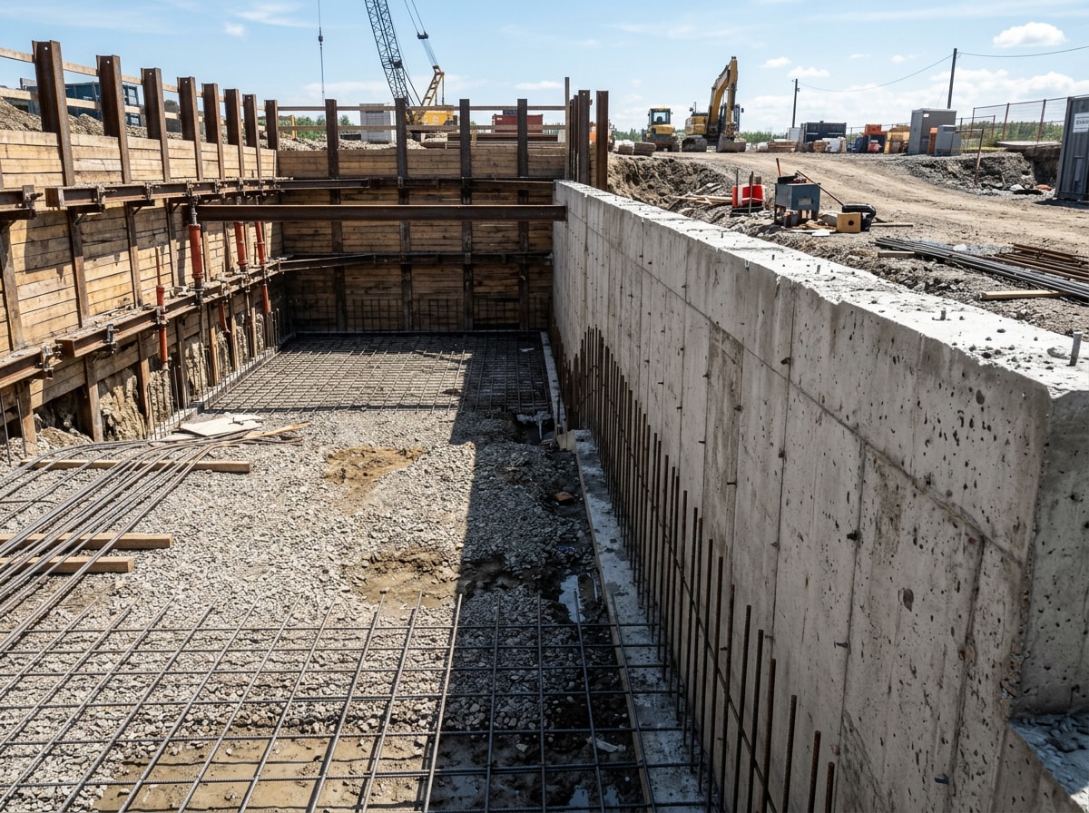 Concrete foundation walls and site excavation on an active commercial project
