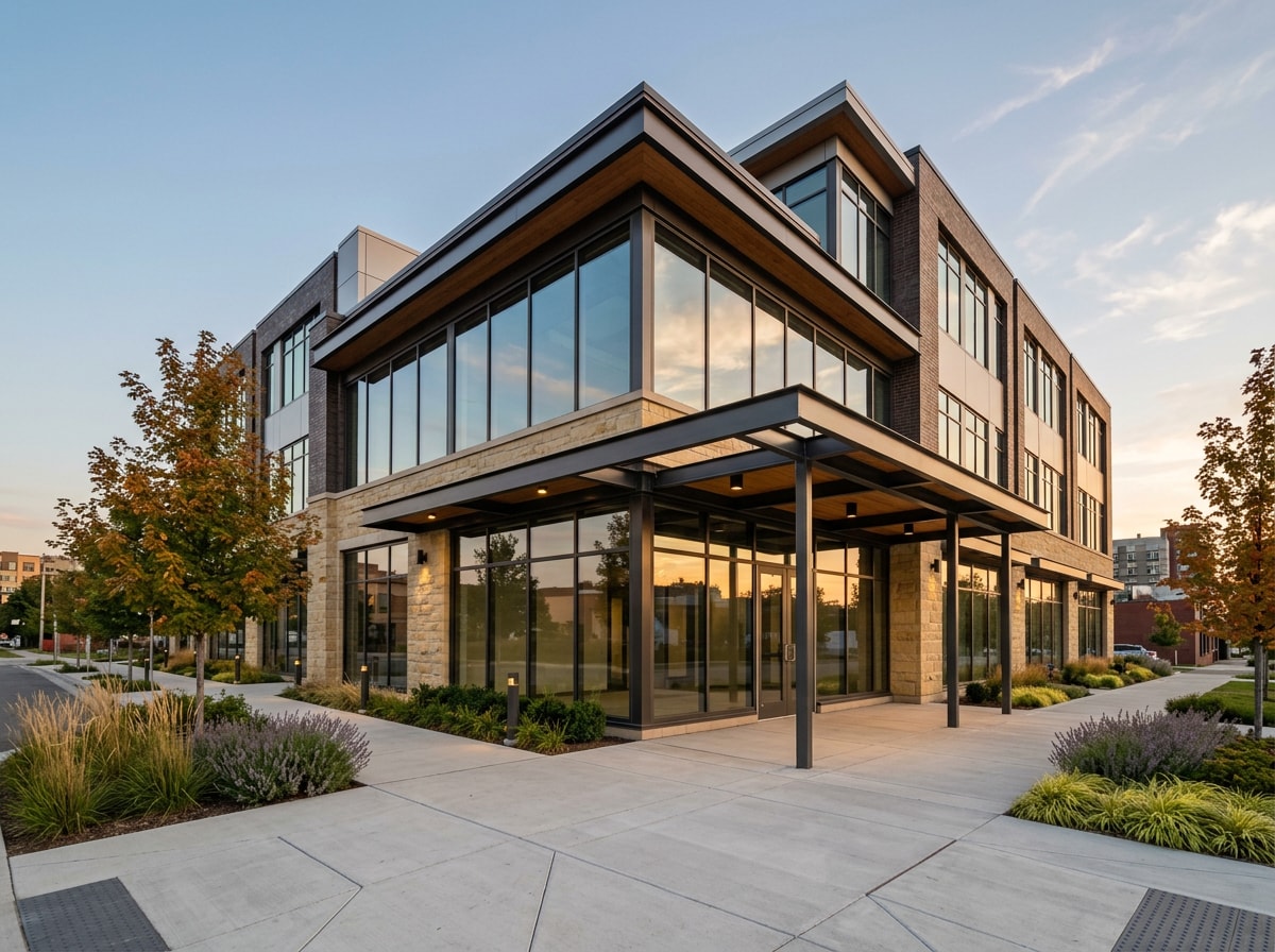 Finished commercial building exterior with steel and glass facade