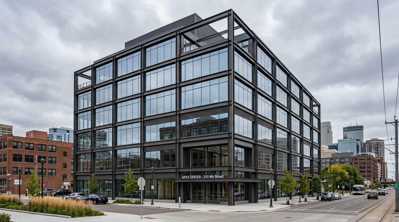Completed commercial building with structural steel frame and glass facade Completed commercial building with structural steel frame and glass facade