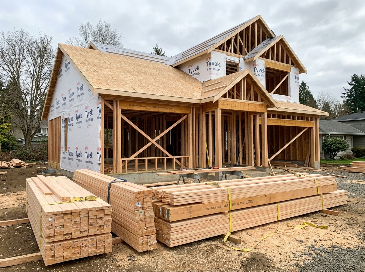 Framed residential addition with open stud walls and new roof sheathing on a job site