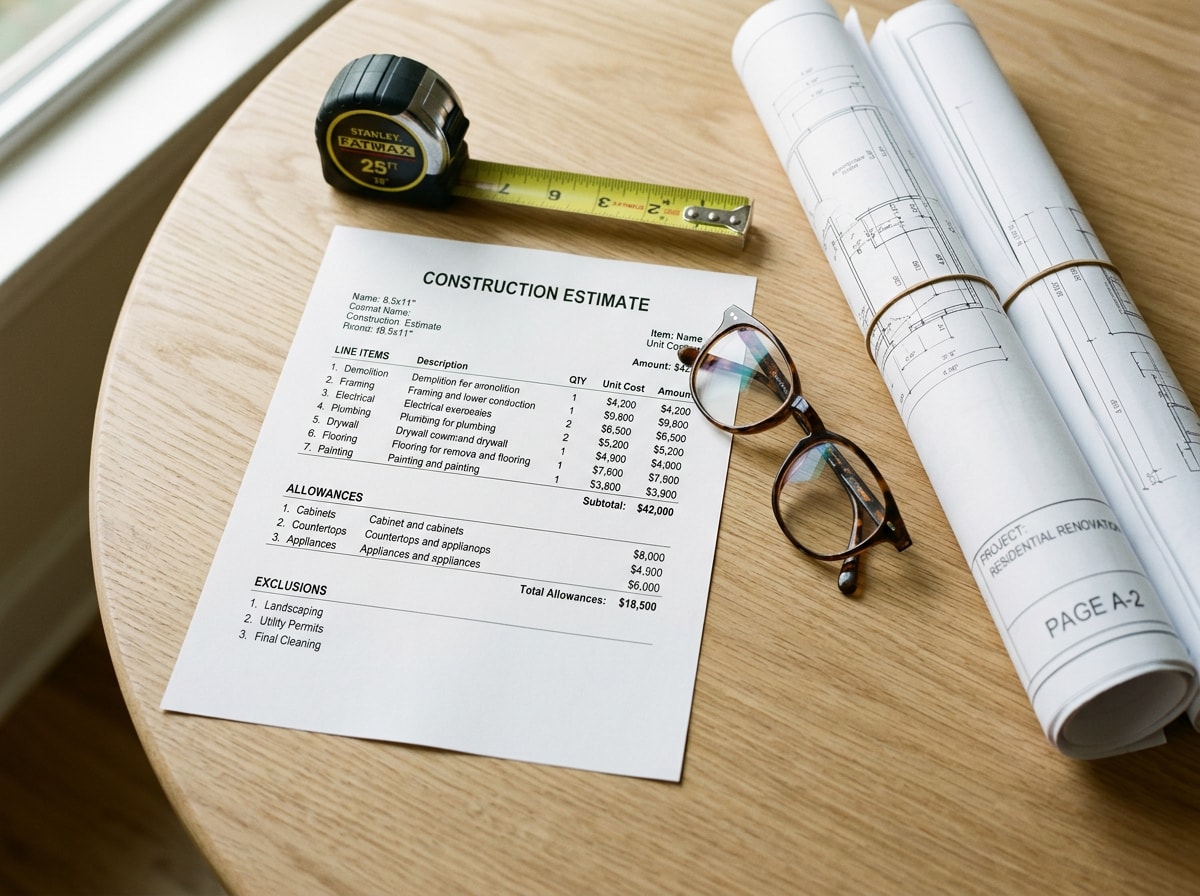Homeowner reviewing a printed remodeling estimate and blueprints on a kitchen table