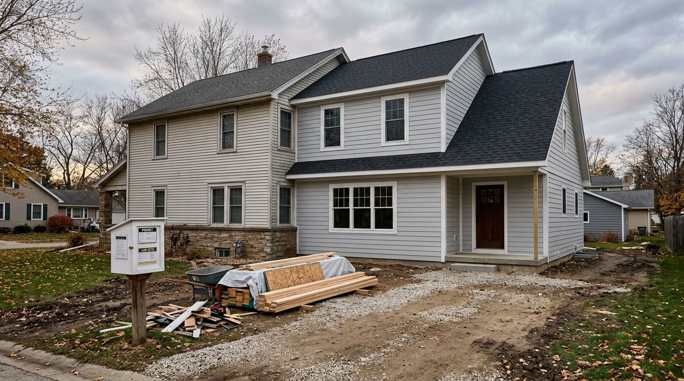 Completed two-story home addition with new siding and roofing on a residential property