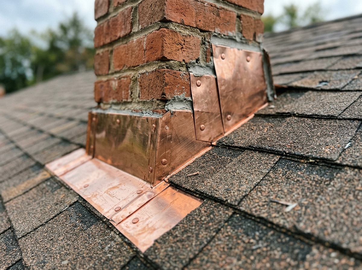 Close-up of a roofer inspecting chimney flashing for corrosion on a large estate home