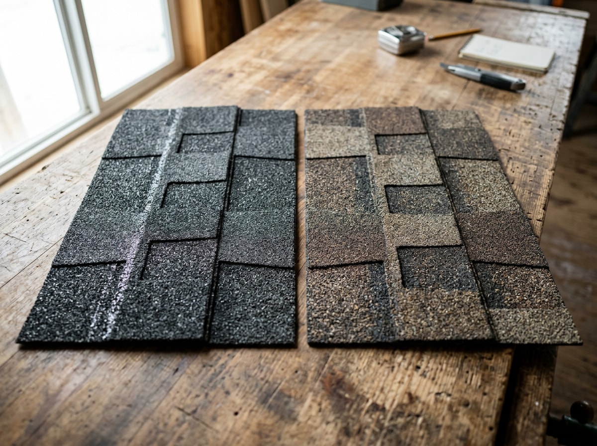 Side-by-side comparison of GAF Timberline HDZ and Owens Corning Duration shingle samples on a workbench