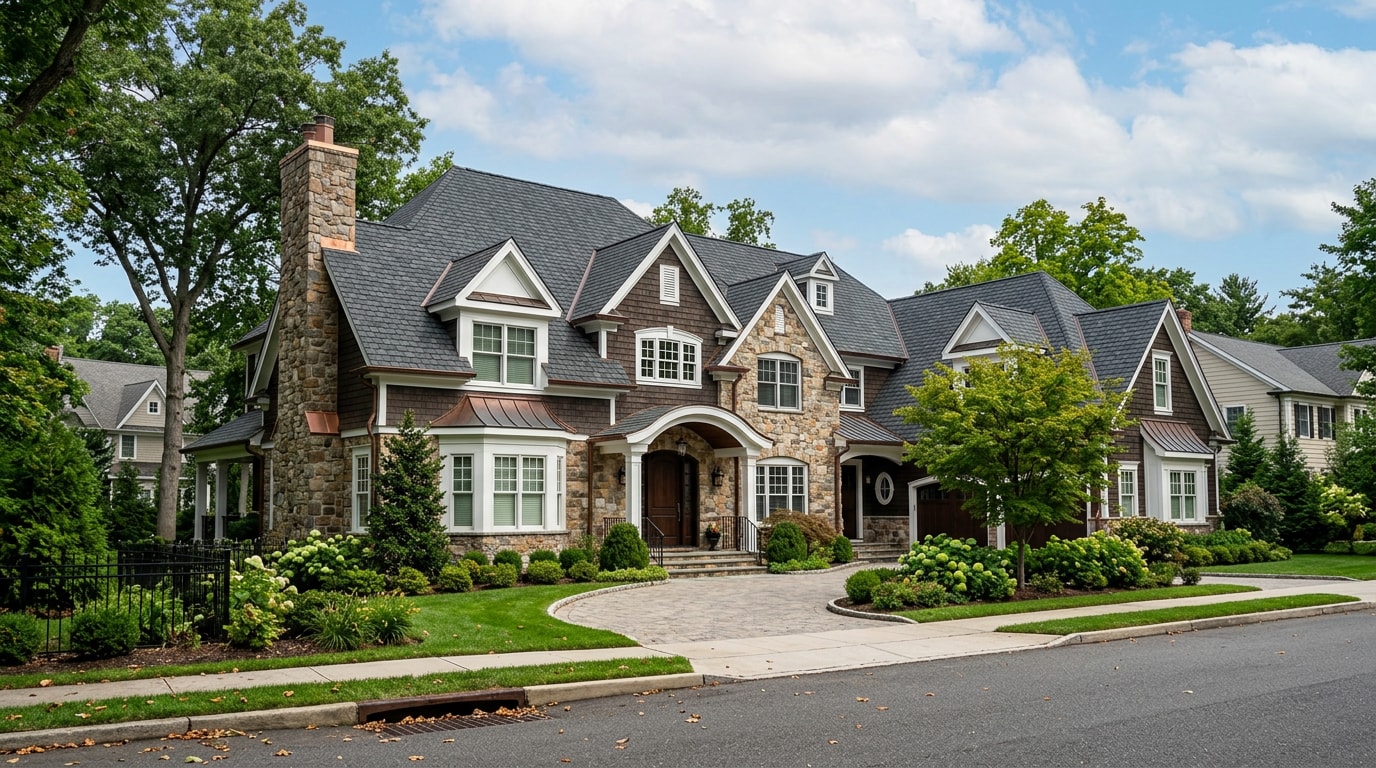 Large estate home in Short Hills, NJ with a newly installed architectural shingle roof Large estate home in Short Hills, NJ with a newly installed architectural shingle roof