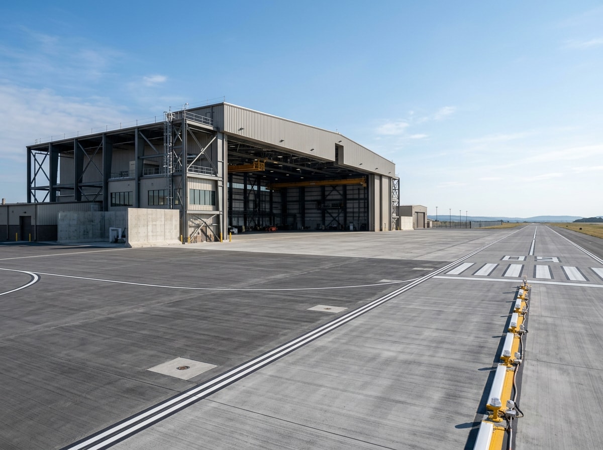 Military aircraft hangar and apron at a federal airfield construction site