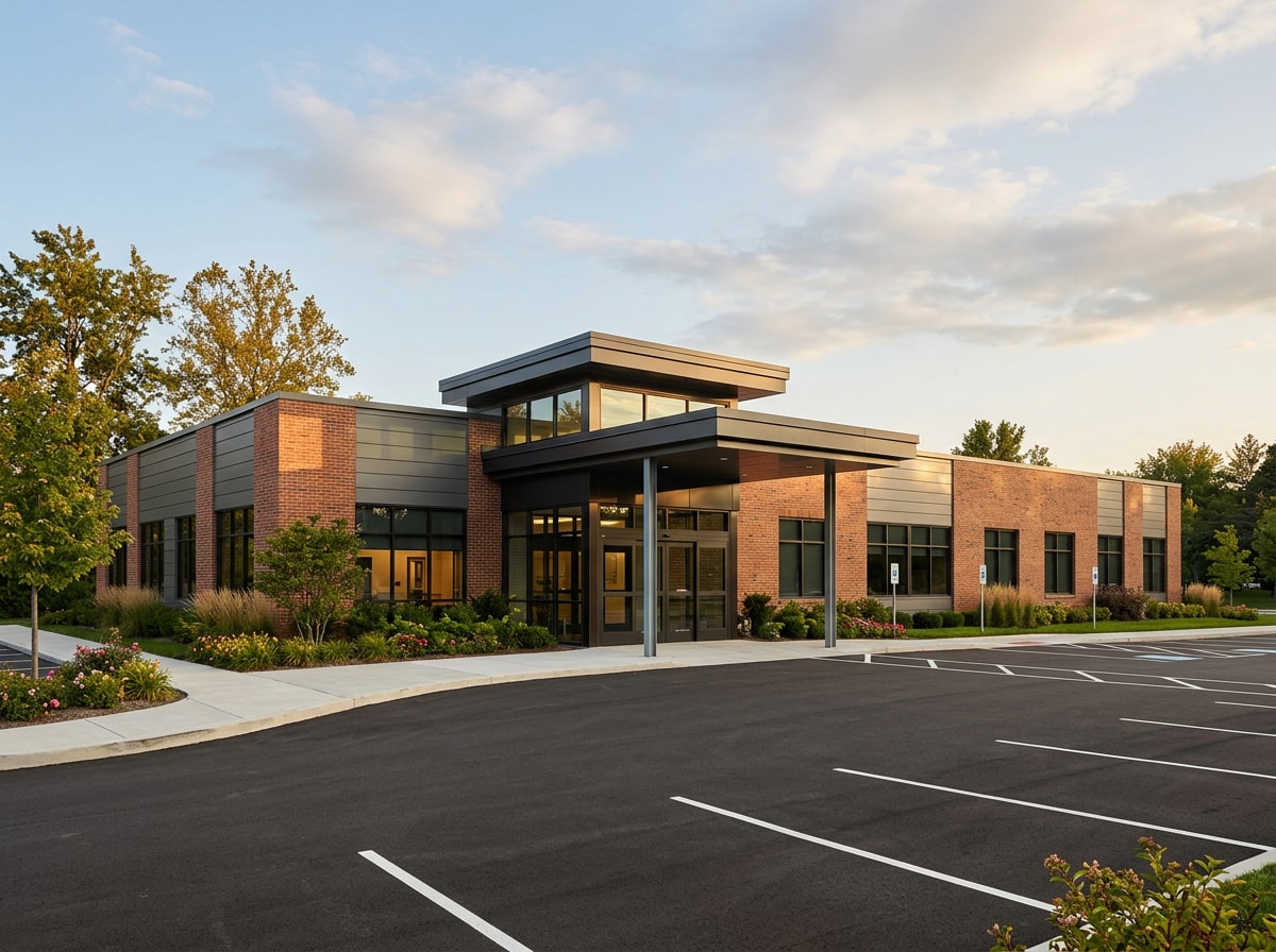 Modern single-story ambulatory care clinic exterior on a military installation