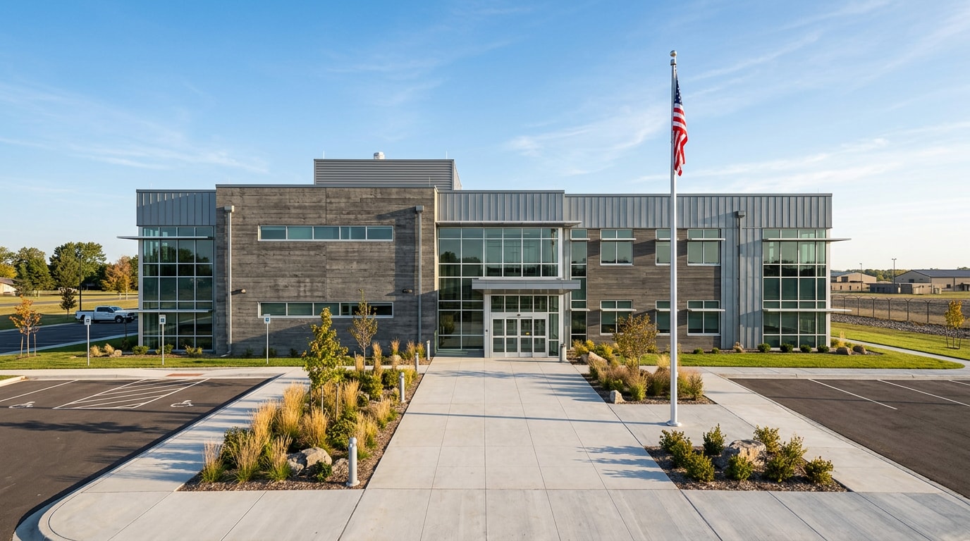 Newly completed federal design-build medical facility exterior on a military base