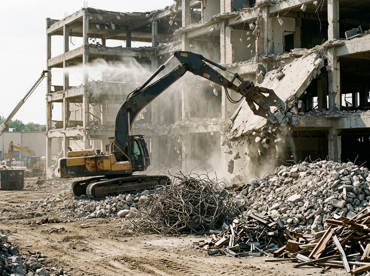 Partially demolished concrete commercial building with exposed rebar and a high-reach excavator arm