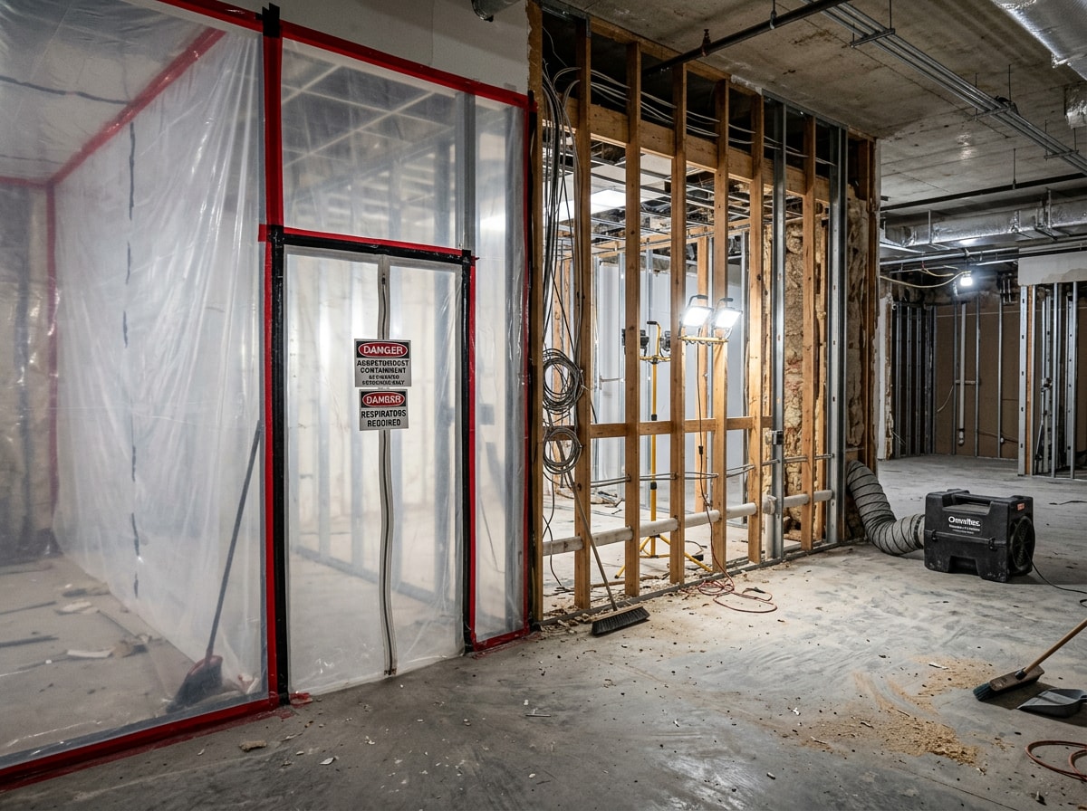 Interior selective demolition with studs exposed, dust containment sheeting, and a clean swept concrete floor