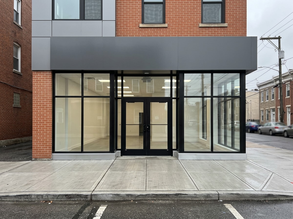Completed commercial storefront renovation with new glazing and finished sidewalk