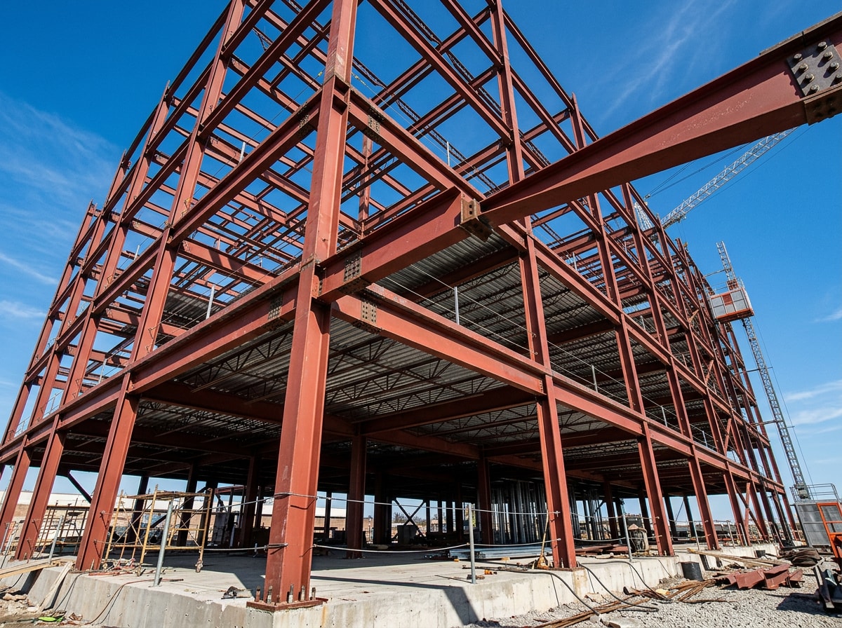 Structural steel frame erected on a commercial building with bolted connections visible