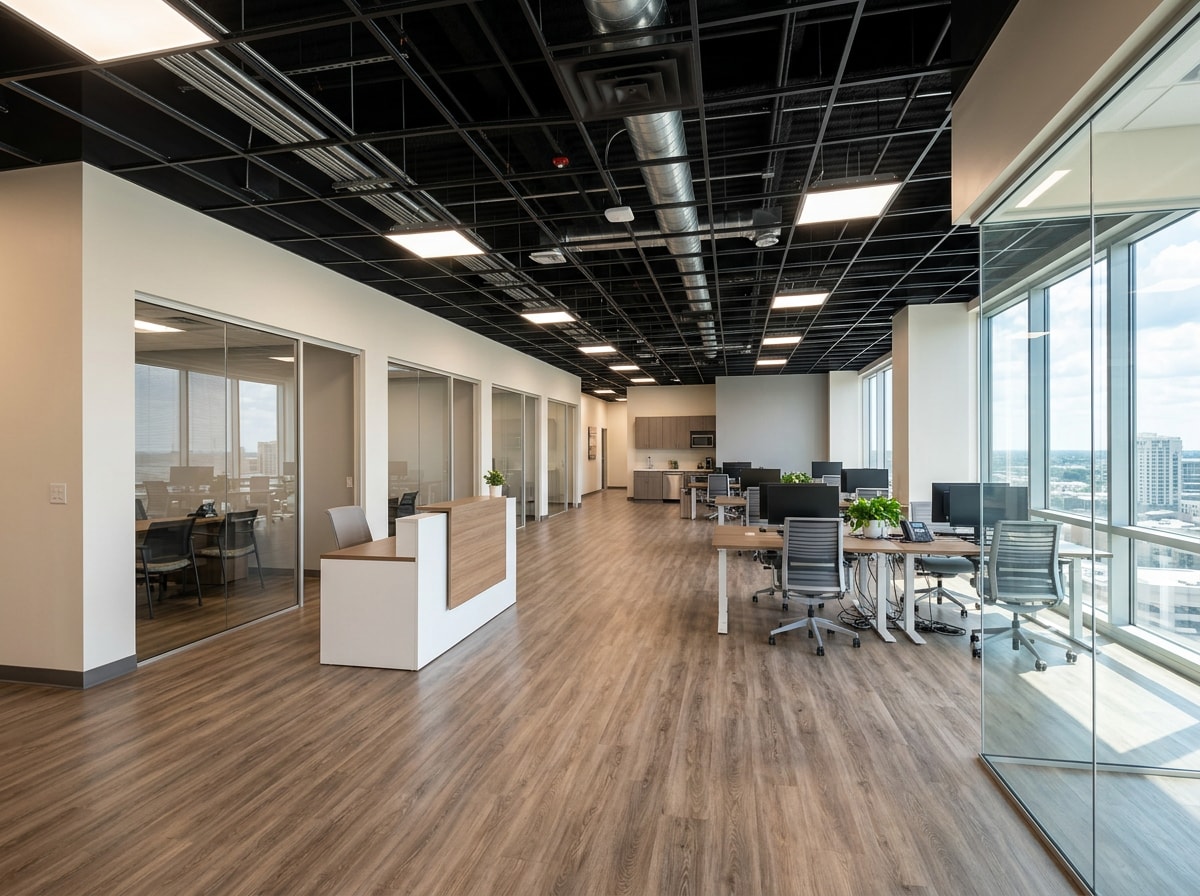 Finished commercial office interior with new flooring, drywall and recessed lighting