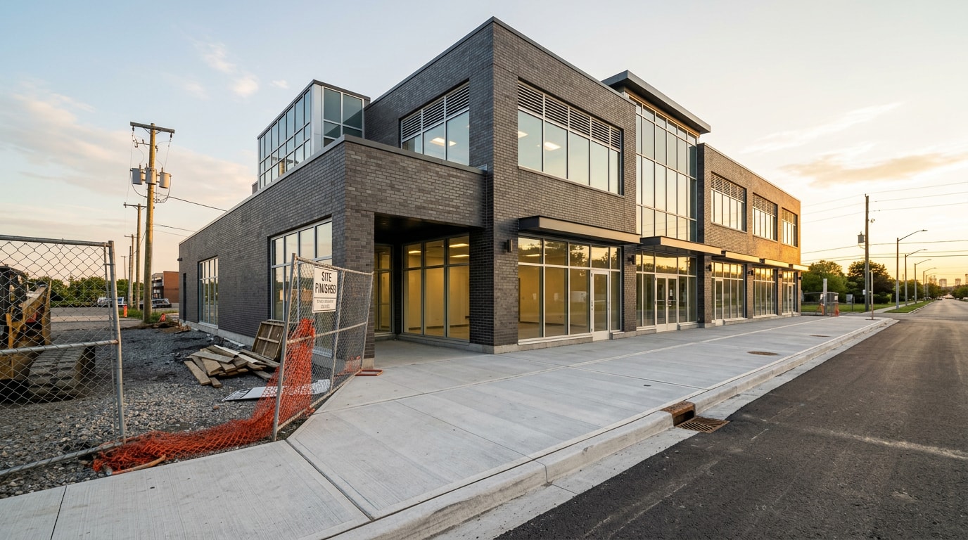 Newly completed commercial building exterior with brick and glass facade