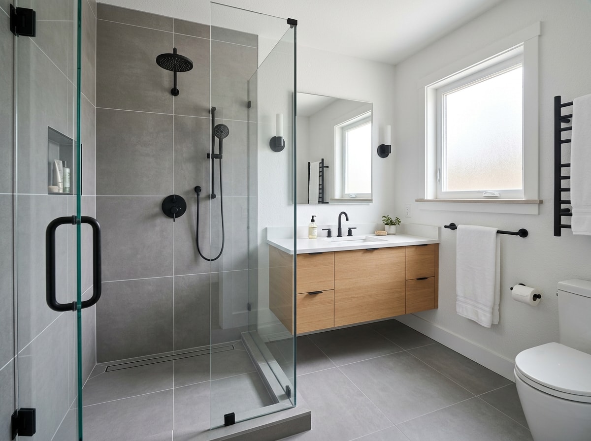 Completed bathroom remodel with large format tile shower and quartz vanity