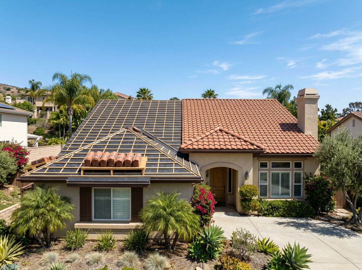 Tile roof replacement in progress on a Southern California home with new underlayment visible