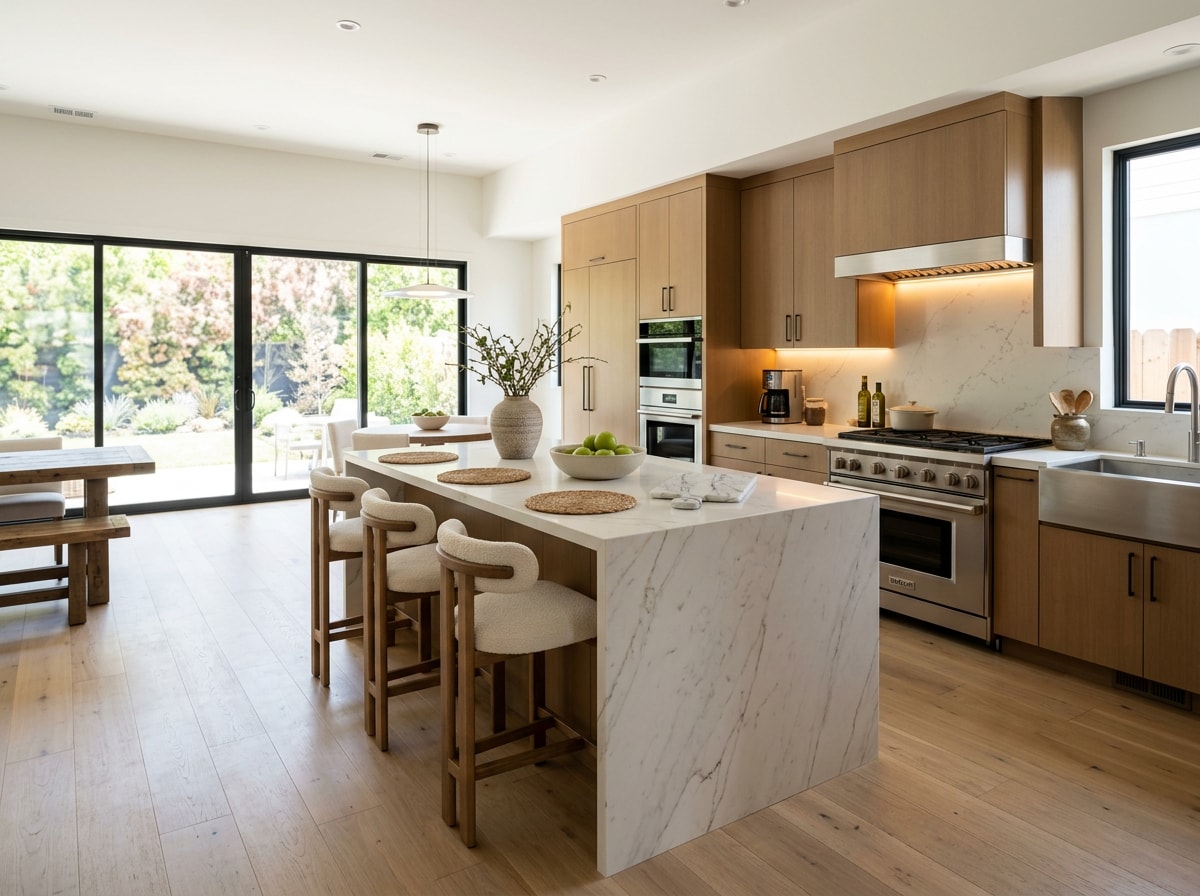 Finished open plan kitchen remodel with custom cabinetry and stone countertops