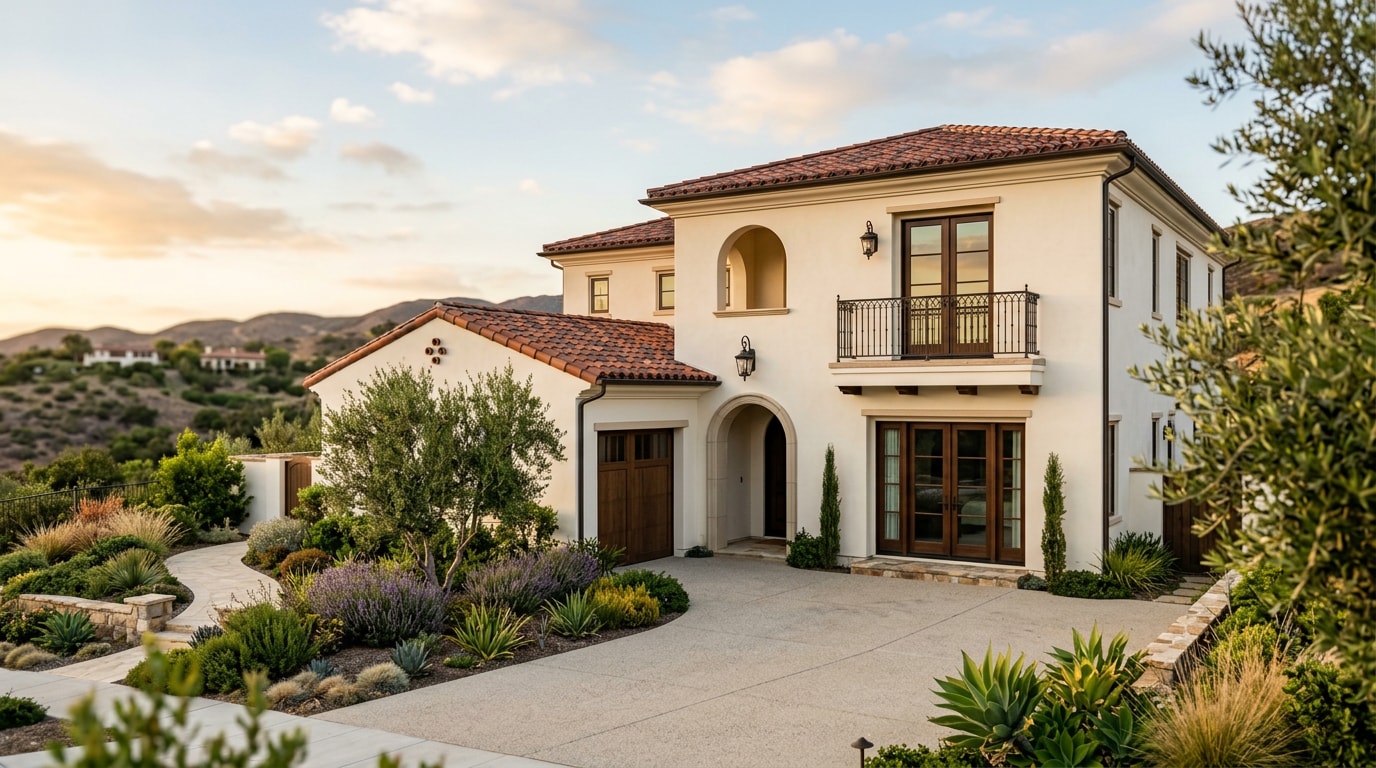 Completed Southern California home exterior with new tile roof and fresh stucco Completed Southern California home exterior with new tile roof and fresh stucco