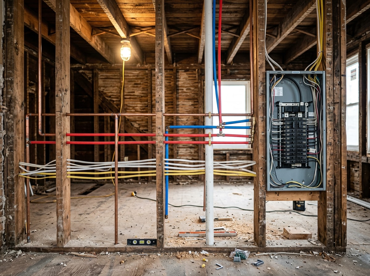 Open stud wall framing during a whole home remodel with new electrical rough-in and copper supply lines
