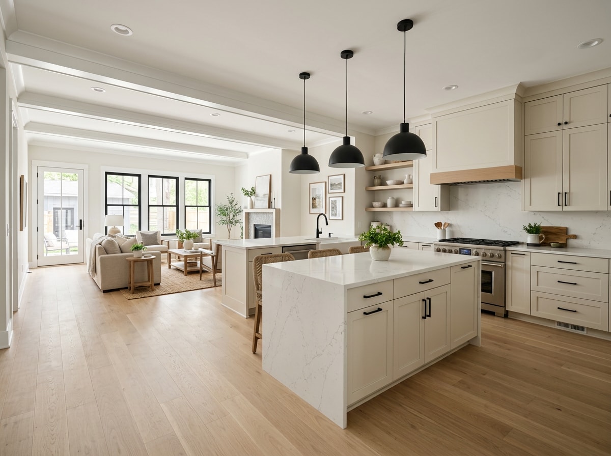 Finished open concept interior with continuous white oak flooring, coordinated lighting, and painted trim after a whole home remodel
