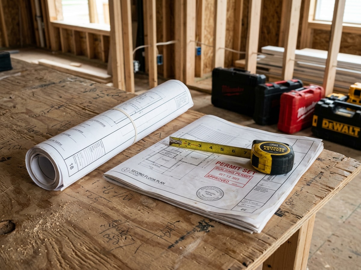 Rolled construction drawings and a permit set on a plywood work table at a residential remodel jobsite