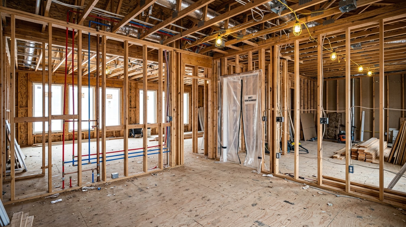 Whole home remodel in progress with open framing, new wiring, and plumbing rough-in