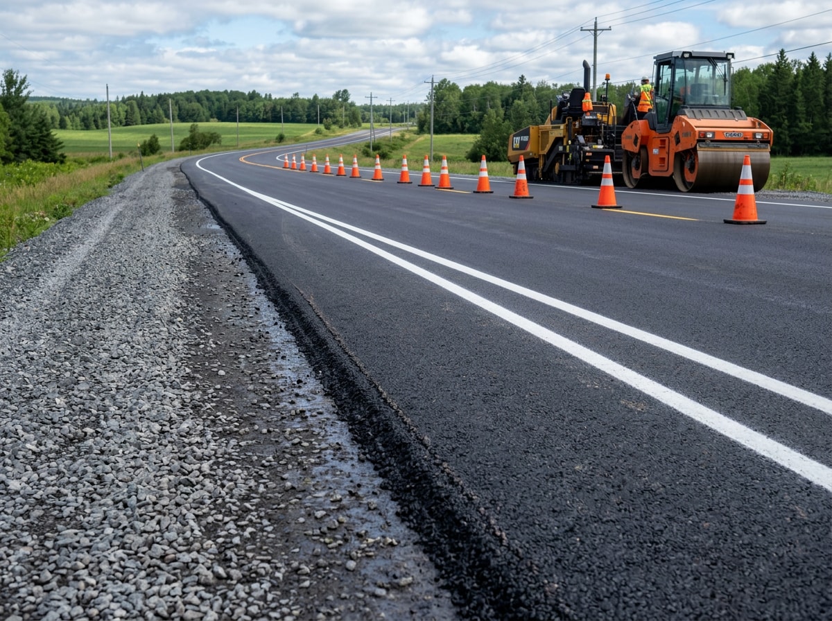 Completed asphalt paving and graded roadway shoulder on a heavy civil highway project