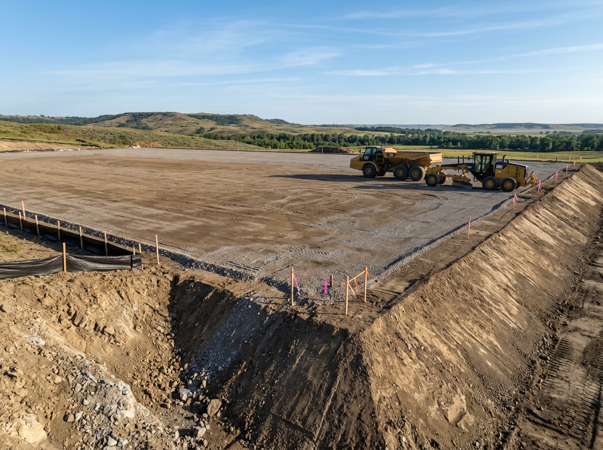 Mass graded industrial building pad with compacted subgrade and stone base, no people