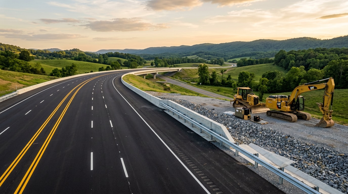 Completed heavy civil highway and bridge project with fresh asphalt and graded shoulders