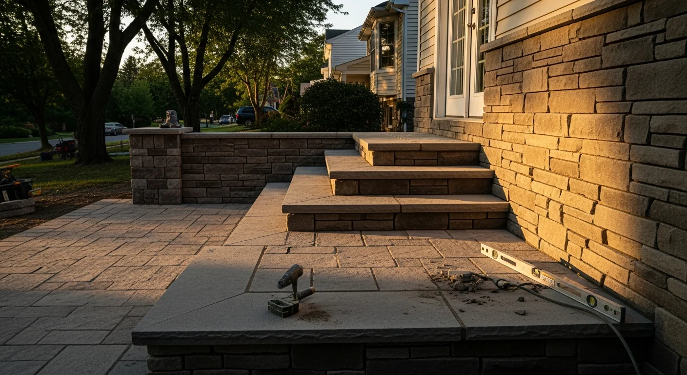 Masonry contractor installing stone steps and hardscaping