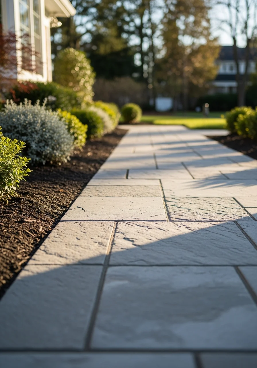 Close-up of professional landscaping work on a Short Hills property with stone pathway and plantings.