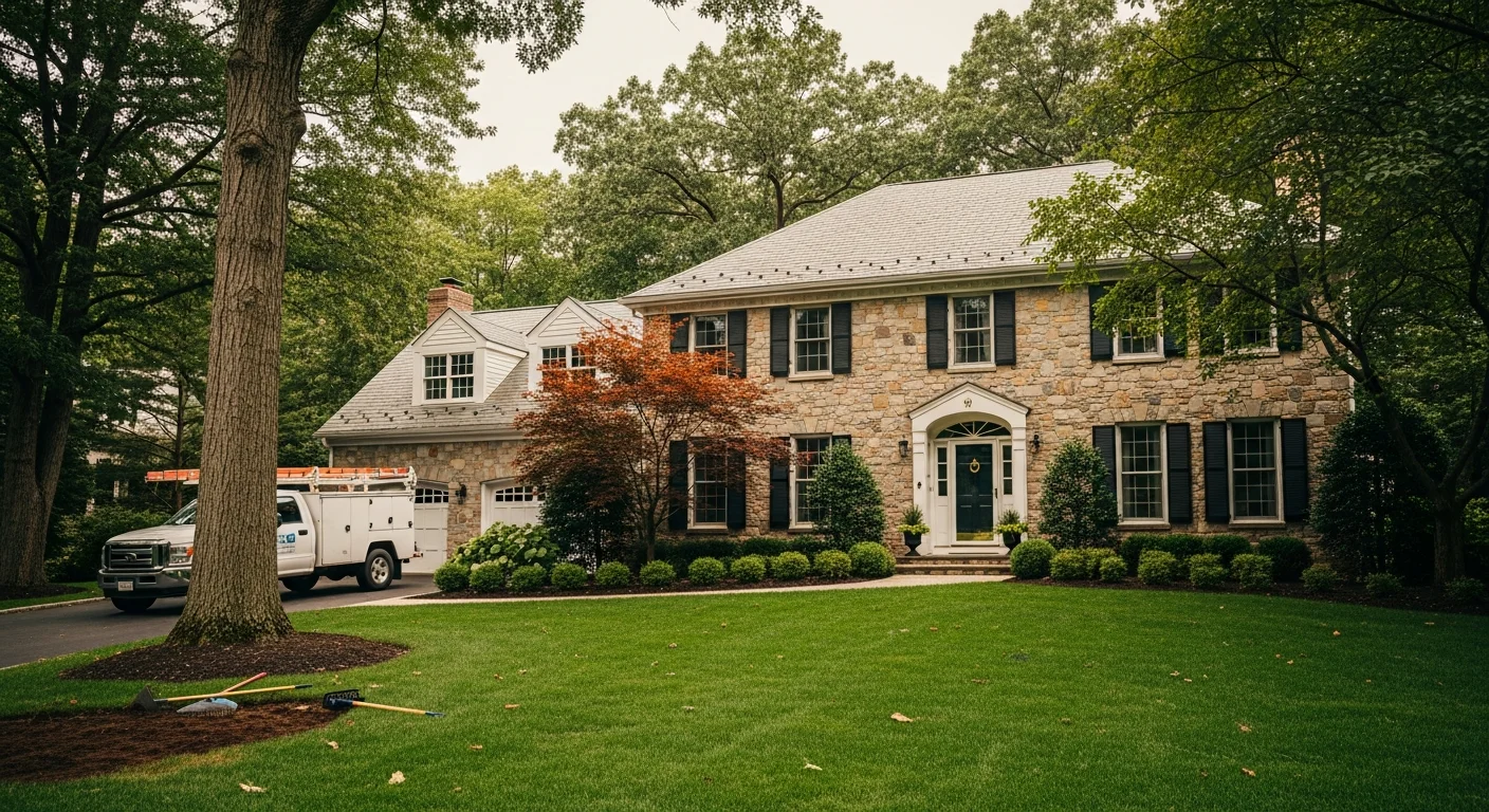 Well-maintained colonial home with manicured lawn and mature trees in Short Hills residential neighborhood.