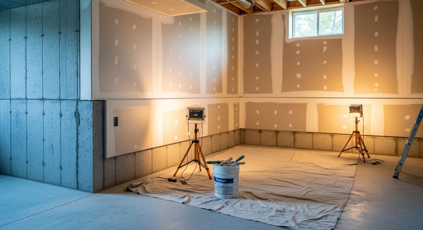 A finished basement interior in a Bridgewater, NJ home showing framed walls, recessed lighting, and durable flooring installed by Lioni Construction and Maintenance. The space is set up as a clean, open family room with no visible moisture damage or raw concrete surfaces.