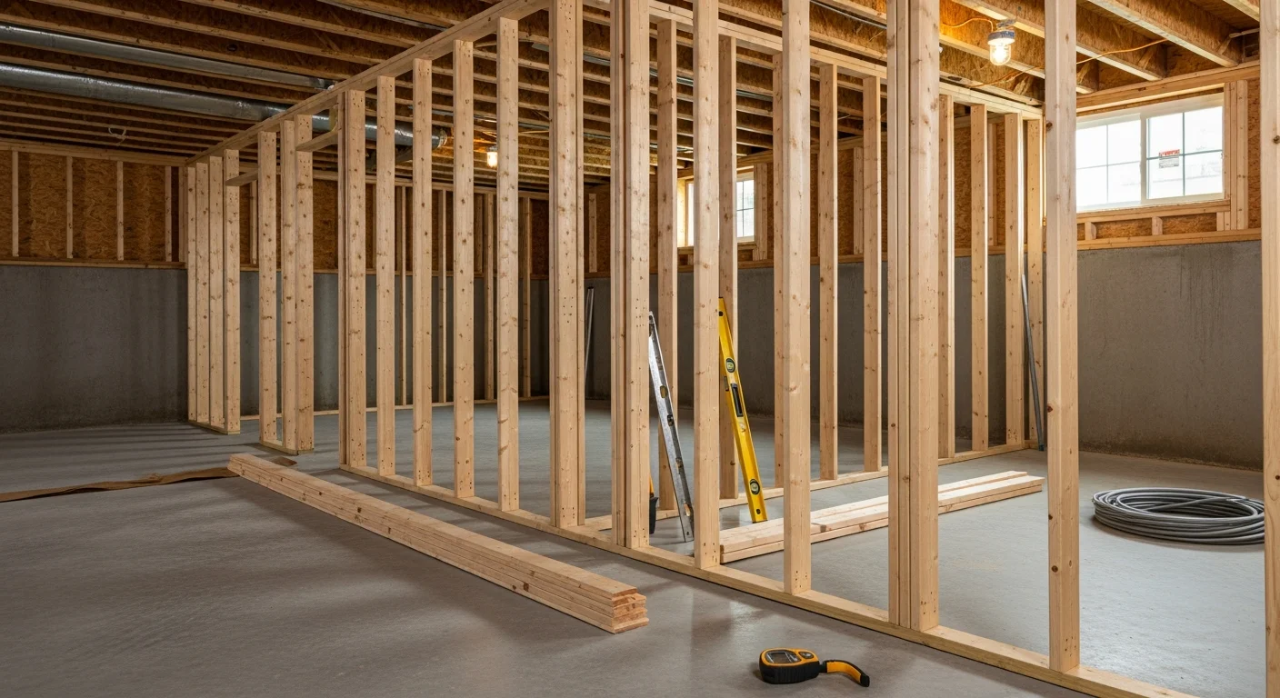 Freshly framed basement interior in a Bridgewater, NJ home showing wood stud partition walls anchored to a concrete slab with treated bottom plates. Open wall cavities reveal framing laid out for insulation and electrical rough-in work.