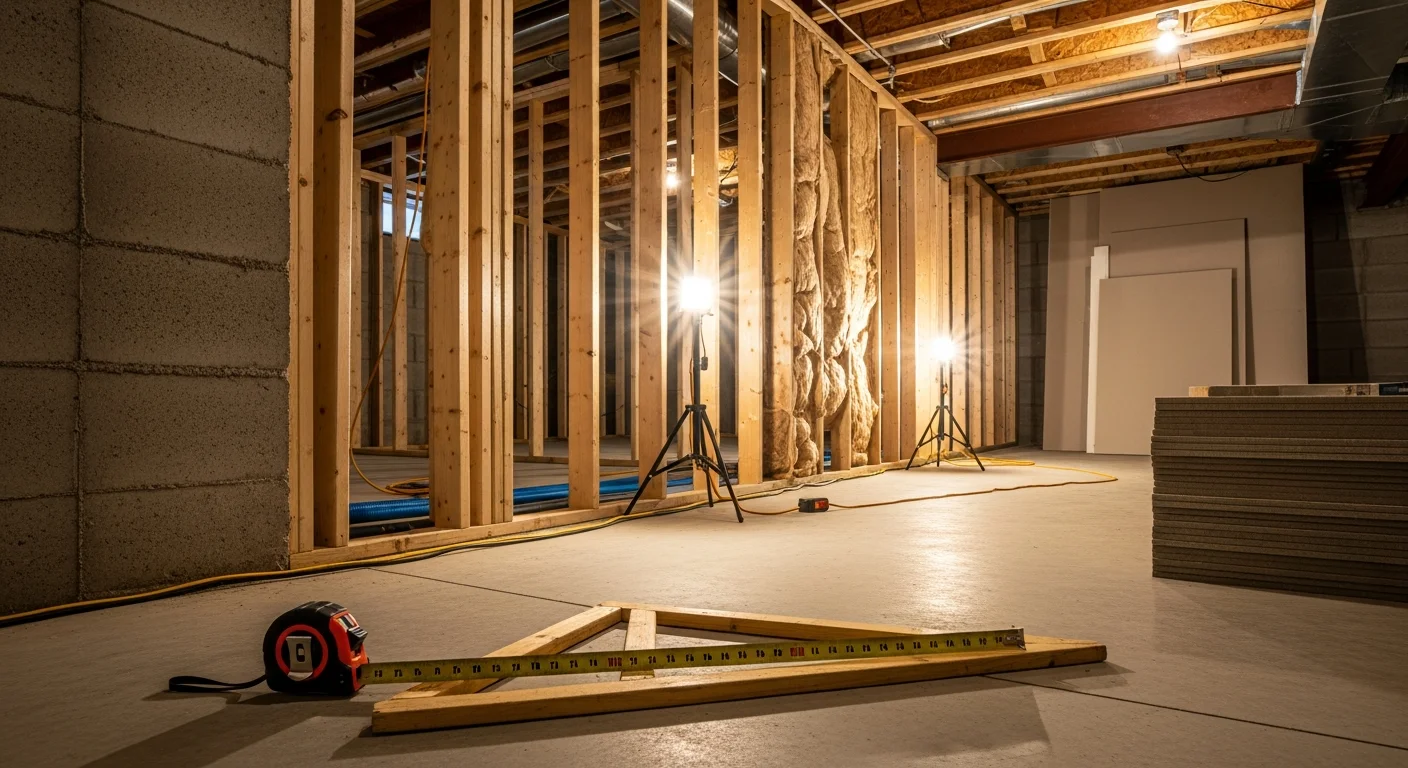 Finished basement interior in a Bridgewater, NJ home showing framed walls, recessed lighting, and new flooring completed by Lioni Construction and Maintenance. The remodeled space is set up as a family room with clean drywall and trim work throughout.