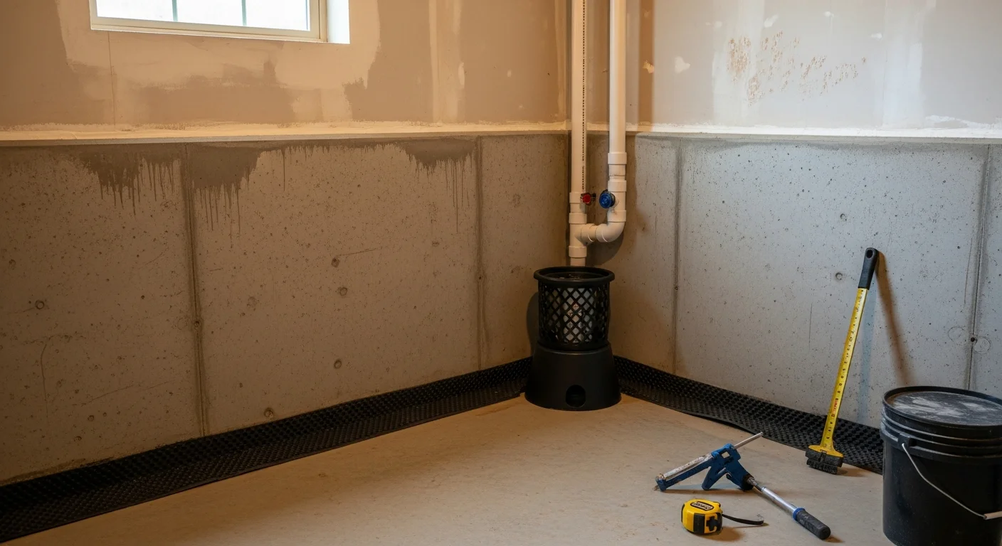 Interior view of a waterproofed basement in a Bridgewater, NJ home showing sealed concrete walls and a newly installed interior drainage channel along the perimeter. The space is dry and clear of moisture staining after professional waterproofing work by Lioni Construction and Maintenance.