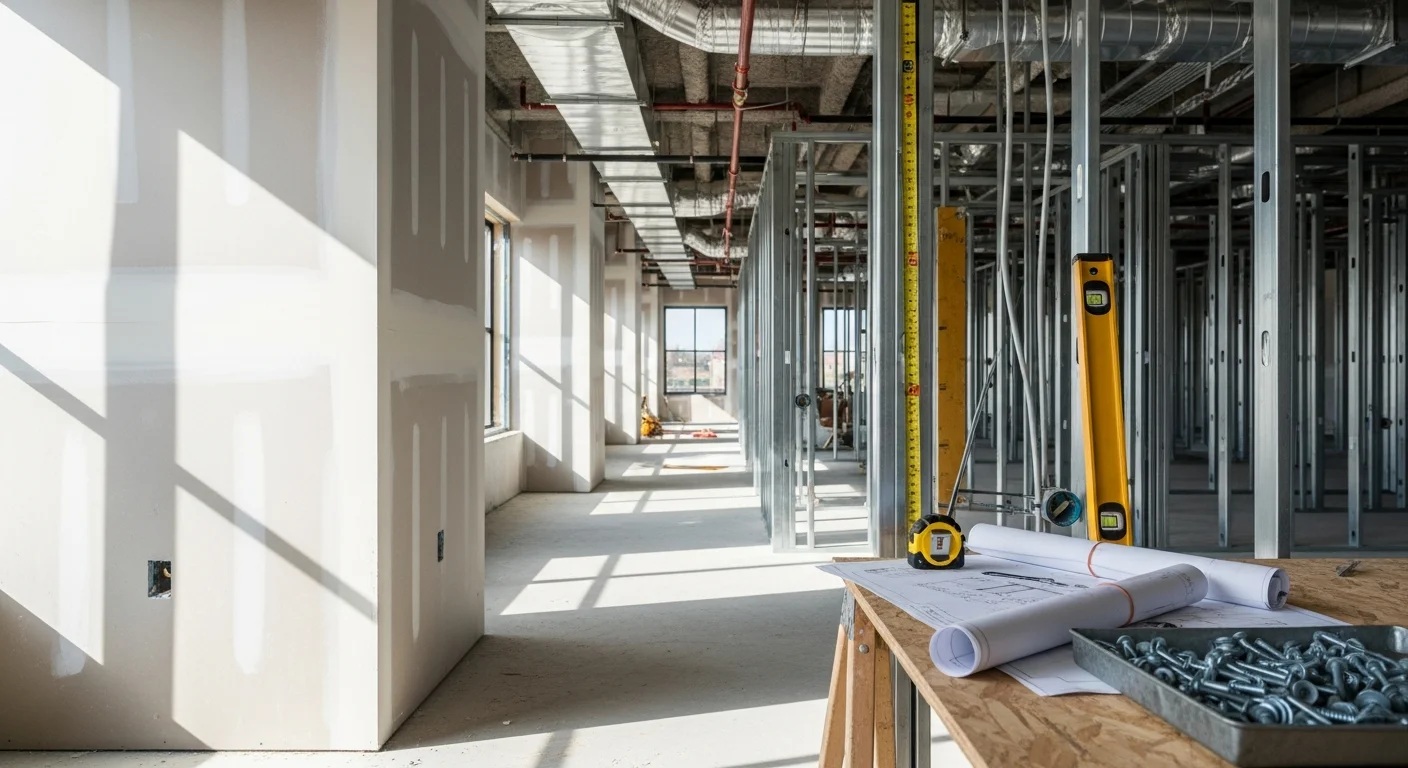 Completed commercial interior build-out in a Bridgewater, NJ office space, showing framed walls, finished ceilings, and a clean concrete floor ready for tenant occupancy. General contractor work by Lioni Construction and Maintenance serving the Bridgewater and Short Hills, NJ area.