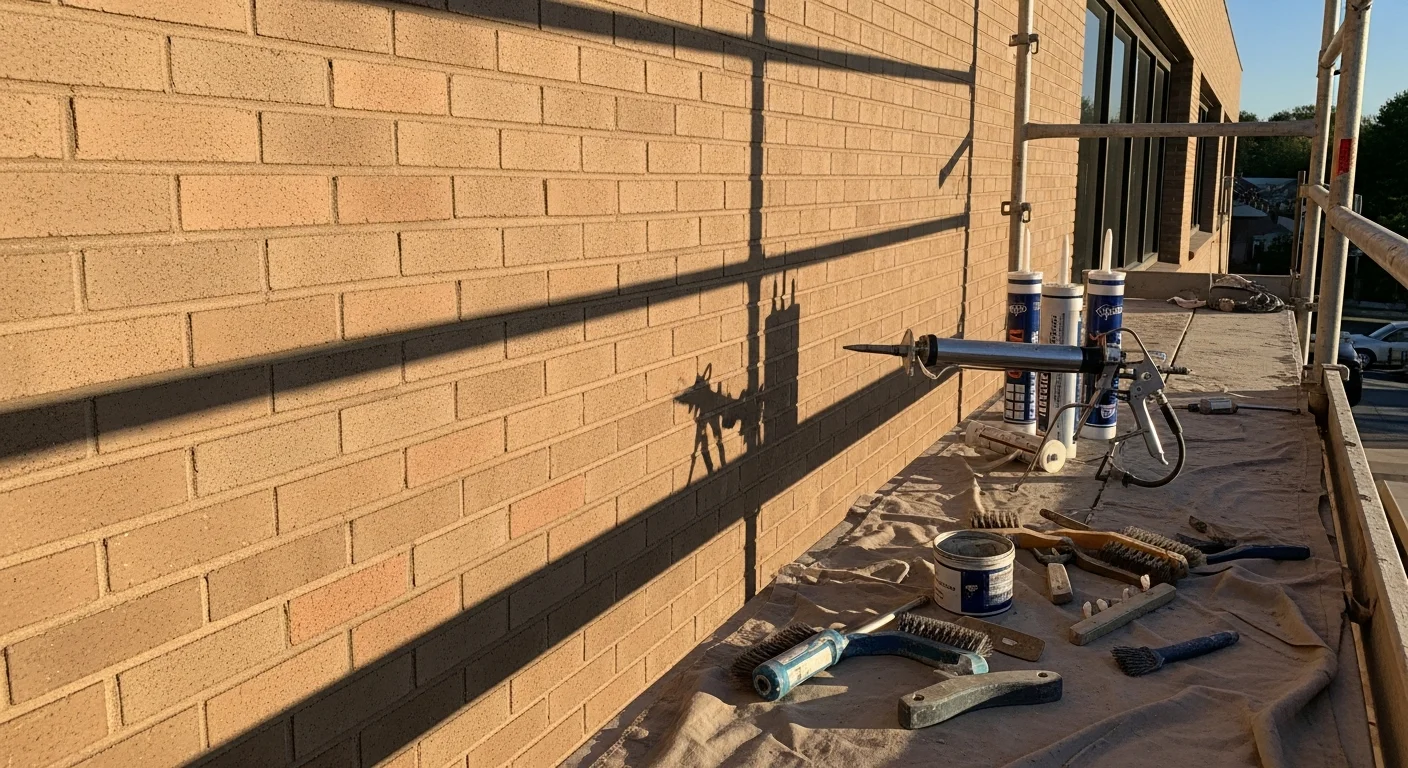Exterior view of a commercial building in Bridgewater, NJ showing restored facade cladding and freshly sealed joints on a multi-story office structure. A general contractor crew works on scaffolding along the building's front elevation during a facade repair project.