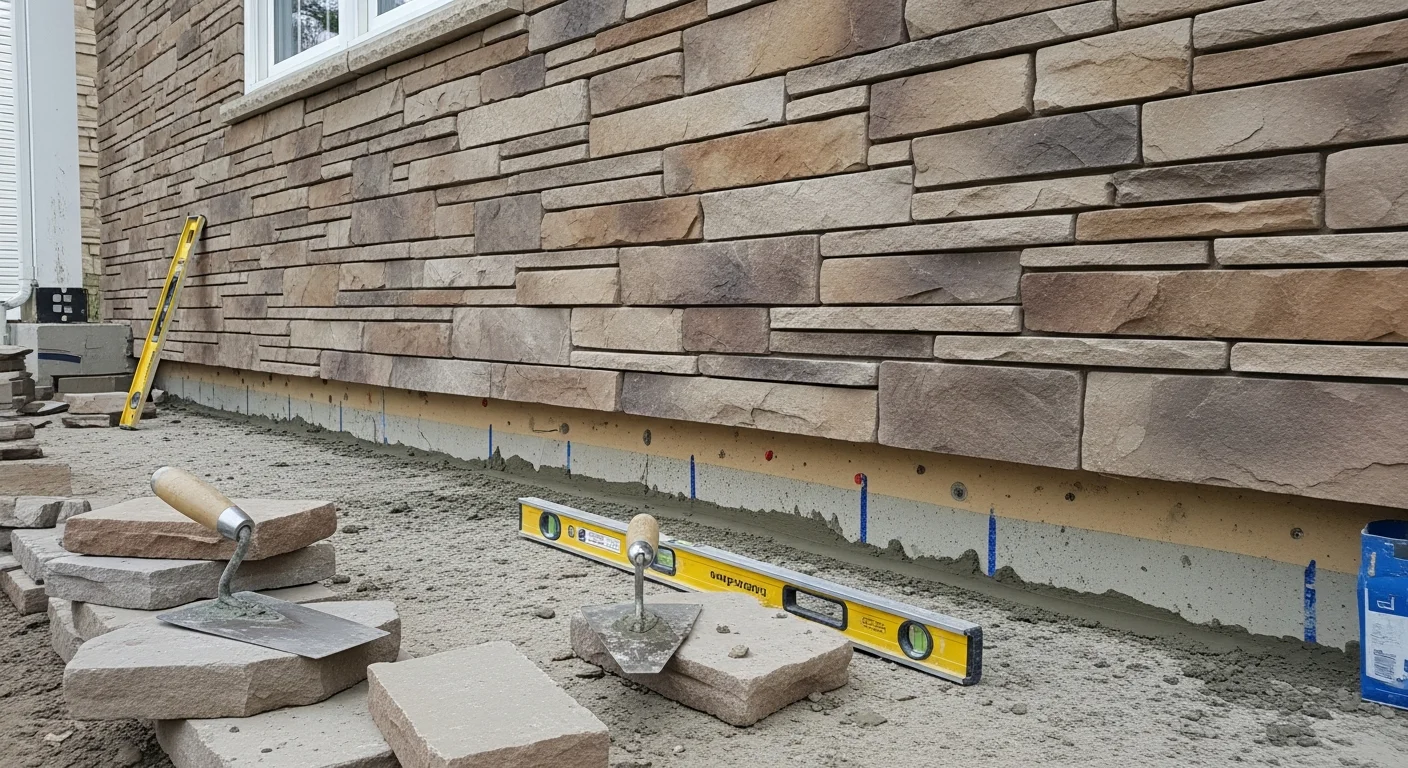 Cultured stone veneer installed on the exterior facade of a residential home in Bridgewater, NJ, showing a ledgestone pattern around the front entry and foundation band. Close view of the finished masonry work with clean mortar joints and consistent coursing.