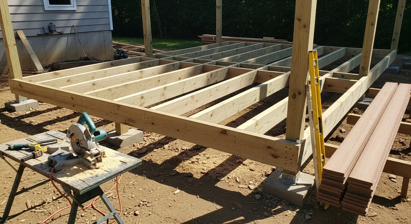 A newly built wood deck attached to the back of a residential home in Bridgewater, NJ, with clean framing, a railing system, and steps leading to the backyard. The deck extends the home's living space across a graded rear yard typical of Somerset County properties.