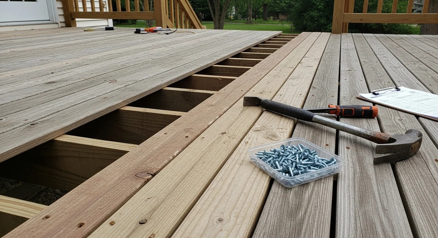 A repaired residential deck in Bridgewater, NJ showing replaced wood boards, secured railings, and a clean surface ready for use. The deck is attached to the back of a single-family home typical of the Somerset County area.
