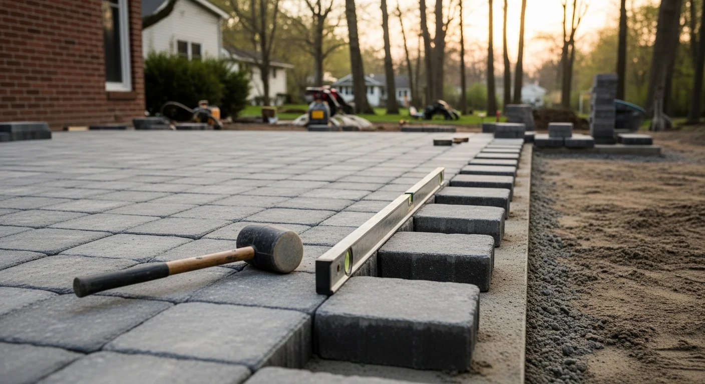 Completed masonry hardscape installation at a residential property in Bridgewater, NJ, showing a stone paver patio with a retaining wall along a graded backyard slope. Front-entry stone steps and a straight walkway lead to the home's main entrance in a Short Hills neighborhood setting.