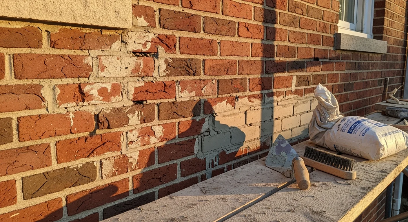 Close-up of a masonry contractor repointing deteriorated mortar joints on a brick wall at a residential property in Bridgewater, NJ. Repaired brick facade showing clean, freshly tooled mortar joints on a Short Hills home exterior.