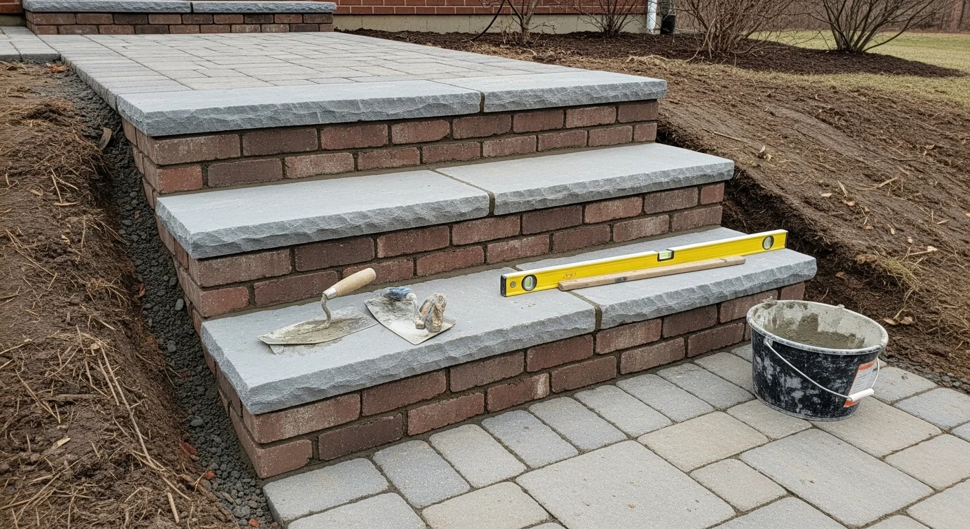 Newly constructed masonry steps at the front entry of a residential home in Bridgewater, NJ. Stone treads are level and evenly spaced, with clean mortar joints and a solid base visible at ground level.