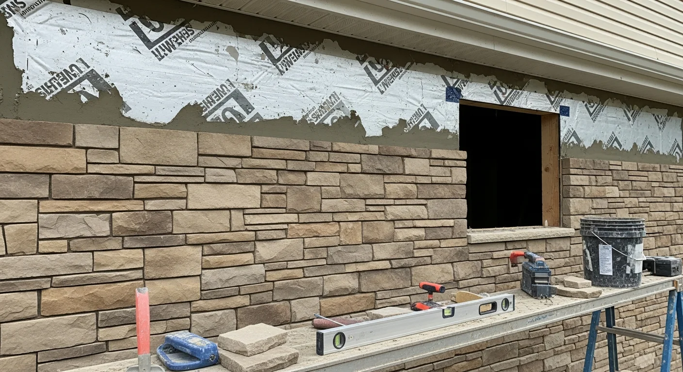 Stone veneer installed on the lower facade and column bases of a two-story colonial home in Bridgewater, NJ. The finished surface shows tight mortar joints and consistent stone coursing across the exterior wall.